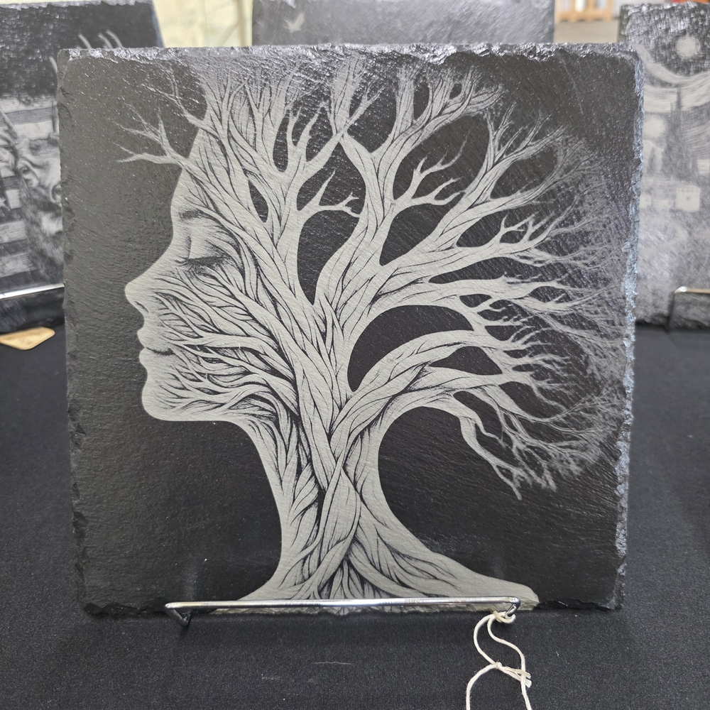 Elegant Black & Gray Tree Woman Slate Wall Art 10 X 10